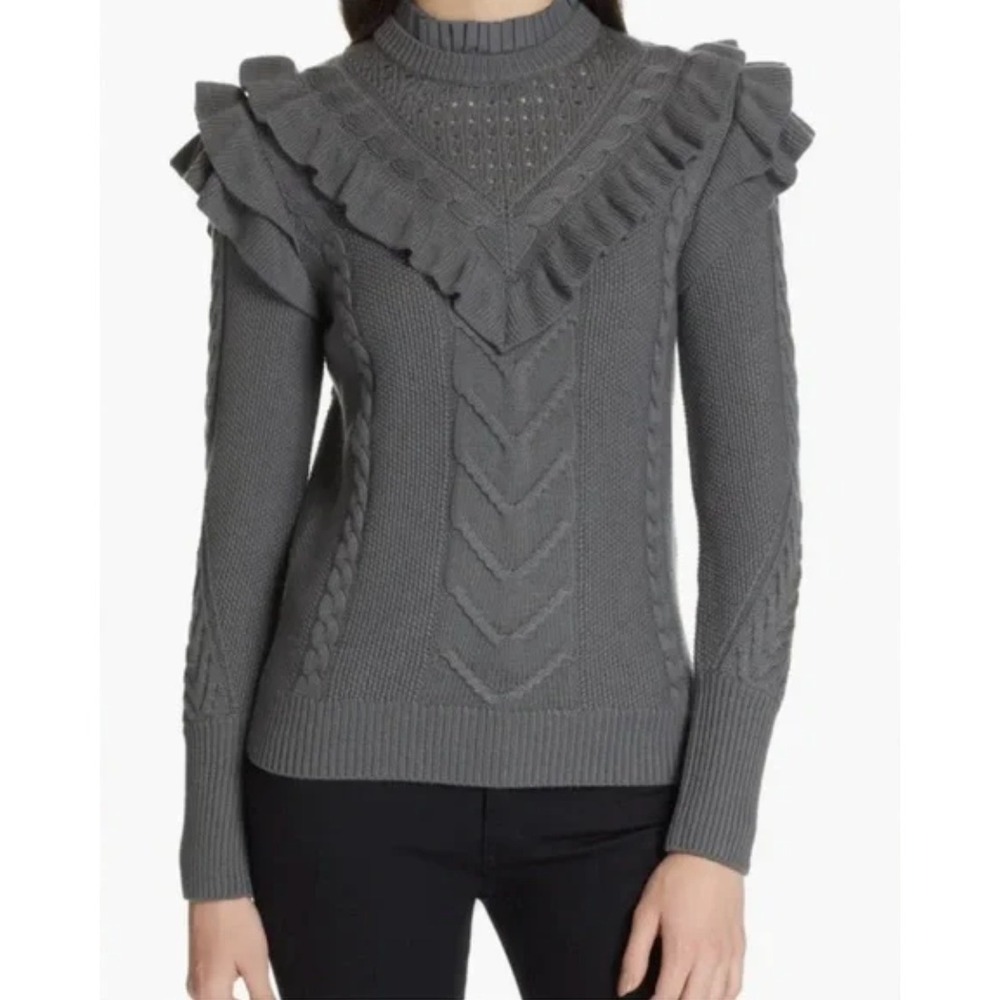 Ted Baker Denita Ruffle Yoke Cable Knit Sweater In Charcoal Gray‎ Size 1/Small
